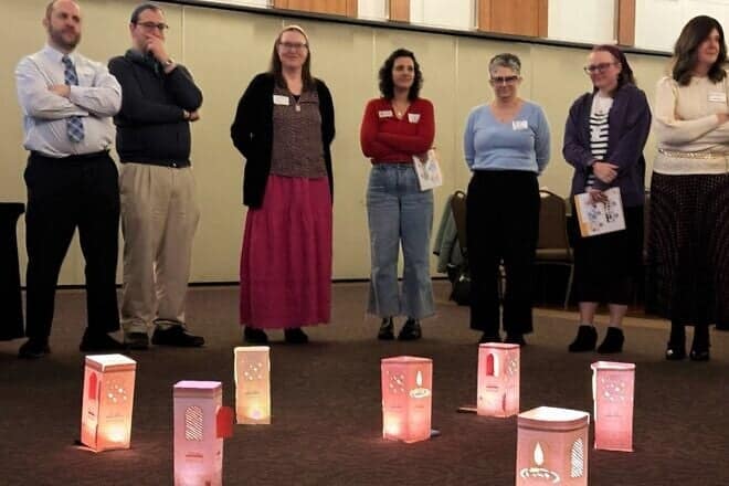 An experiential activity exploring the use of light in Jewish tradition, such as the role of the memorial candle in commemorating the fallen, as part of M²’s Yamim Project, with a theme of “Reaching for Hope,” April 2025. Credit: Courtesy.