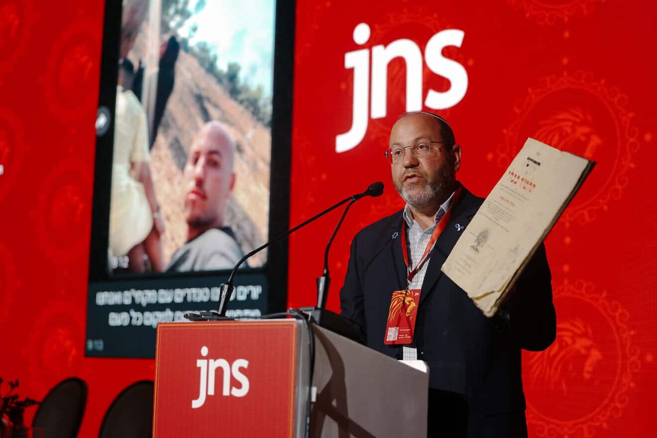 Tzvika Mor speaks at the Hostages, Victims & Policy Panel at the JNS International Policy Summit in Israel, April 28, 2025. Photo by Shahar Yurman.