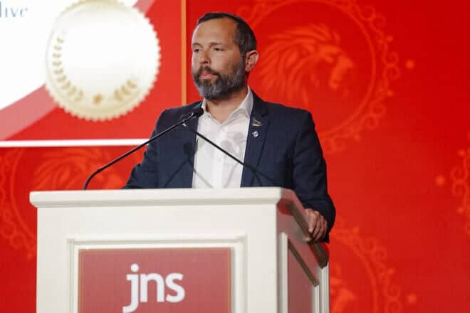 Yesha Council Chairman Israel Ganz addresses the JNS International Policy Summit in Jerusalem, April 28, 2025. Photo by Shahar Yurman.