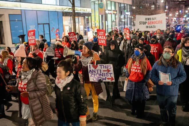 The Jewish-Palestinian solidarity group Jewish Voice for Peace held a march to protest Israel's war crimes in Gaza, as well as condemn the Anti-Defamation League, in Washington, D.C. on Jan 17, 2025. Photo by KIA RASTAR/Middle East Images/AFP via Getty Images.