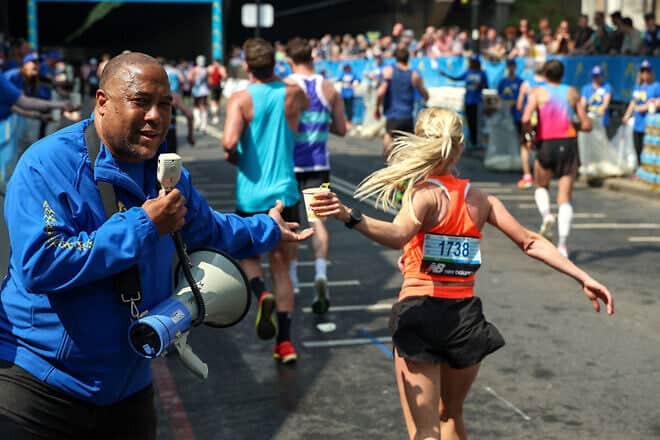 England soccer legend John Barnes provides encouragement to runners during the 2025 TCS London Marathon on April 27, 2025. Photo by Luke Walker/Getty Images.