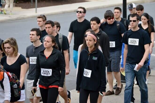 Students participate in a silent walk on campus, sponsored by Hillel at Lehigh University in Bethlehem, Pa., to commemorate Yom Hashoah, Holocaust Remembrance Day, on April 15, 2015. Credit: Public Domain, Lehigh University Hillel.