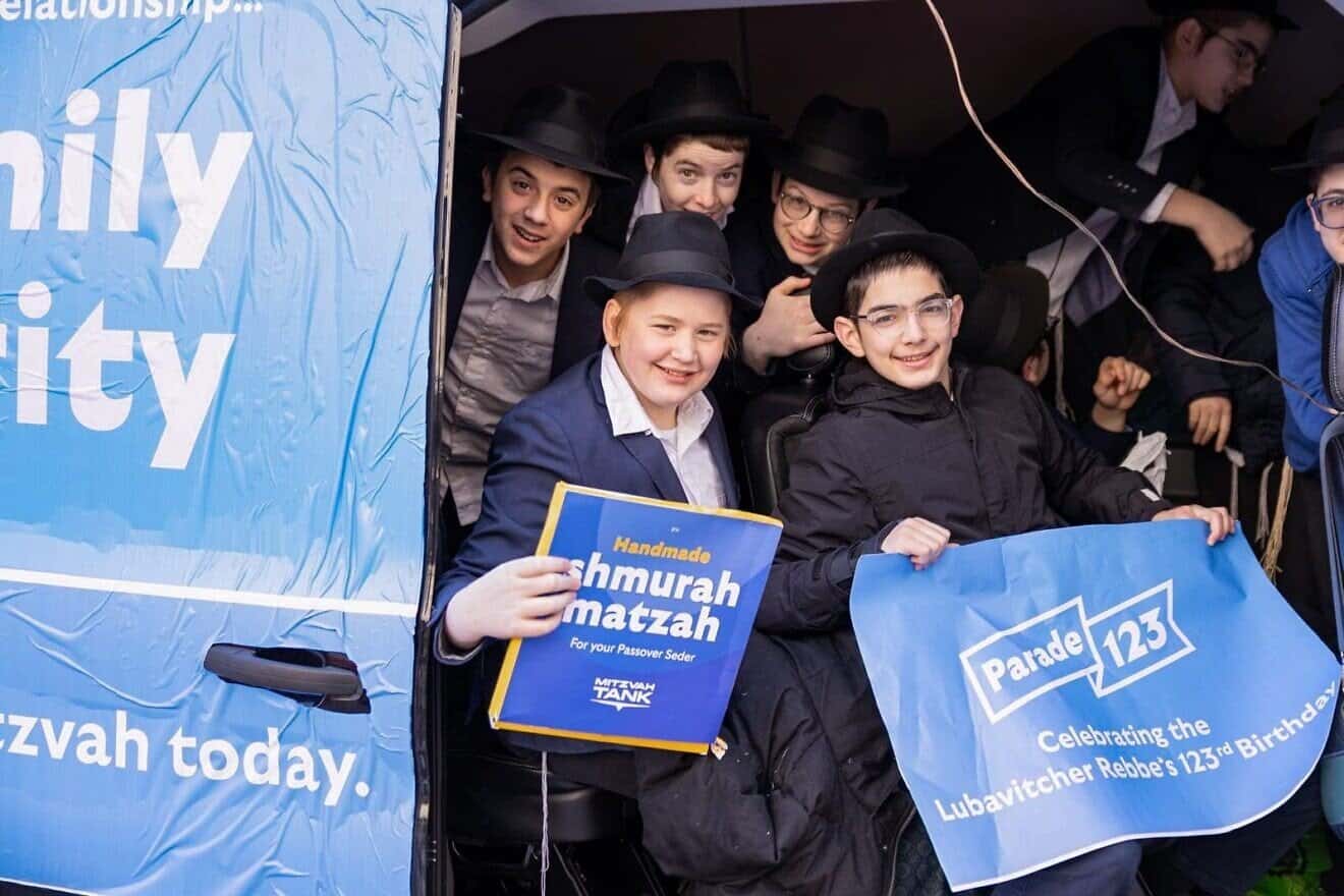As part of this year's Mitzvah Tank Parade, 75 trucks paraded through the streets of New York City, handing out Passover matzah, April 9, 2025. Photo by Mendi Dehan/COLlive.com.