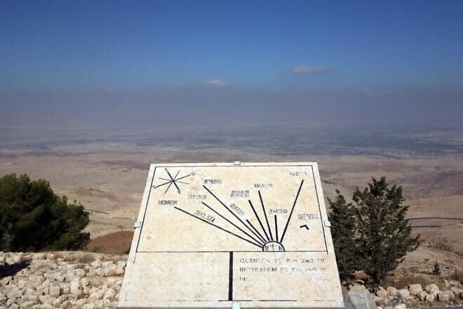 A chart of cities in Israel on top of Mount Nebo, where the Hebrew prophet Moses was given a view of the land God was giving to the Jewish people. Photo by Matanya Tausig/Flash90.