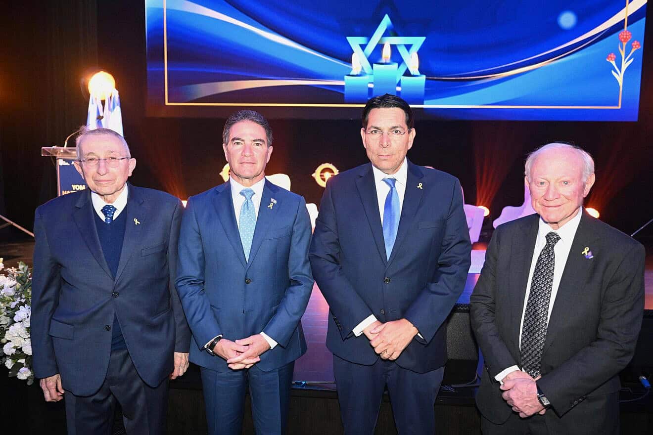 At a Yom Hazikaron ceremony are (from left) Rabbi Marvin Hier, co-chair of the Museum of Tolerance Jerusalem; Yossi Cohen, former director of the Mossad and current president of the IDF Widows and Orphans Organization’s Friends Association; Danny Danon, Israeli ambassador to the United Nations; and Larry A. Mizel, chairman of the museum, April 29, 2025. Credit: IDFWO.