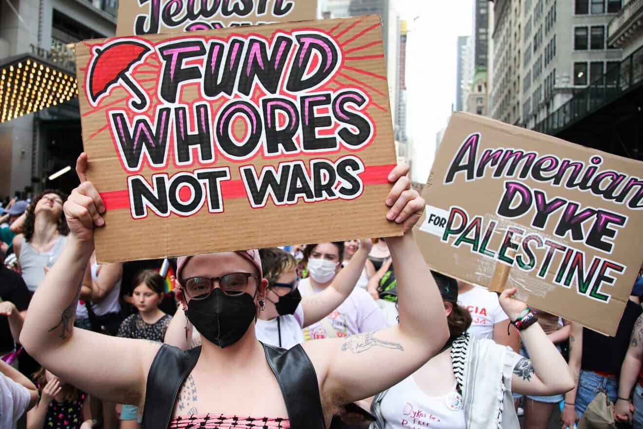 People march during the Dyke March, with the theme of Dykes Against Genocide, in New York City on June 29, 2024. Photo by Leonardo Munoz/AFP via Getty Images.
