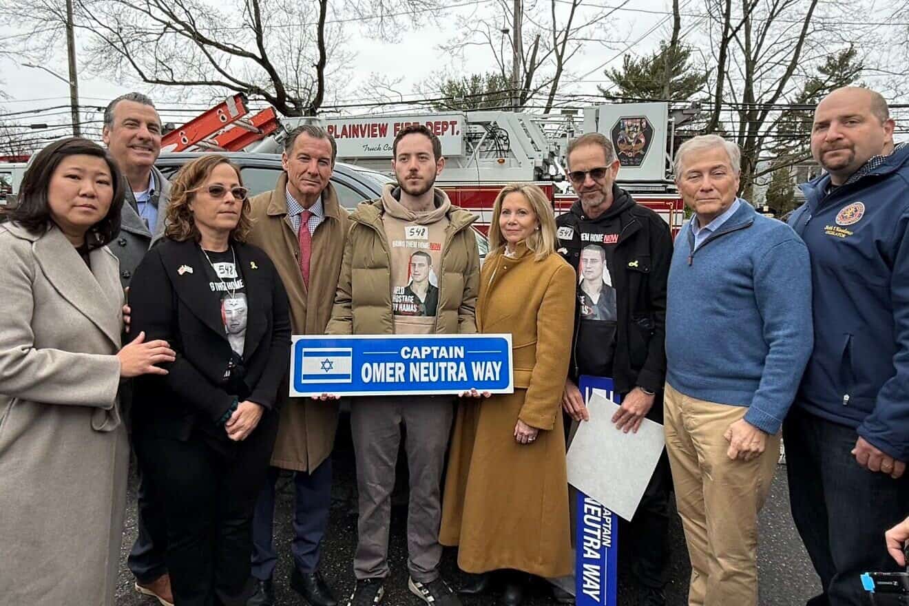 At the dedication ceremony for Captain Omer Neutra Way in Plainville, New York, April 6, 2025. Credit: RepLauraGillen/X.