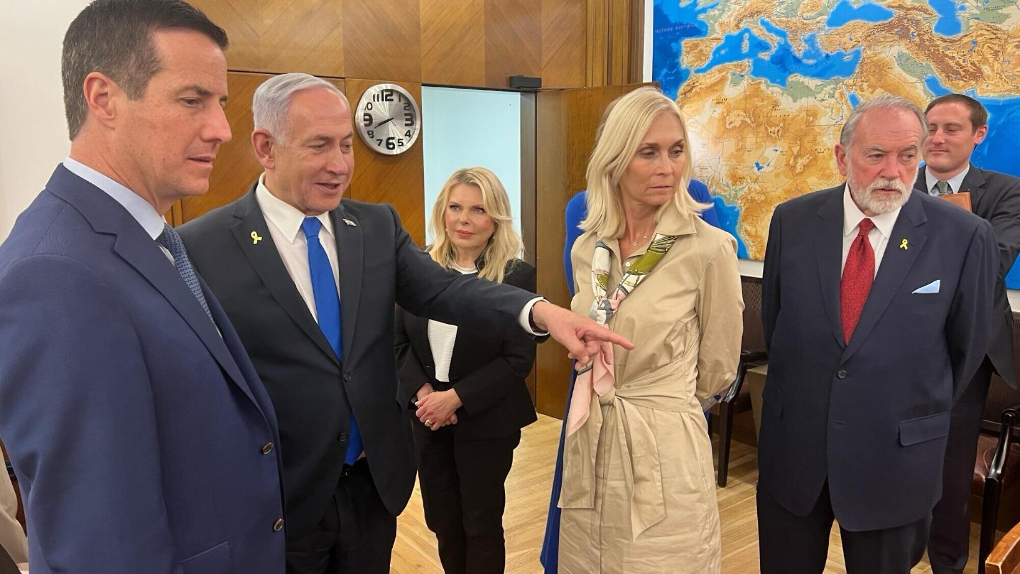 Israeli Prime Minister Benjamin Netanyahu and his wife, Sara Netanyahu, meet with Sen. Bernie Moreno (R-Ohio) and his wife Bridget Moreno and with the newly-installed U.S. Ambassador to Israel Mike Huckabee and his wife Janet Huckabee, April 21, 2025. Credit: Courtesy of the spokesperson to the Israeli prime minister.