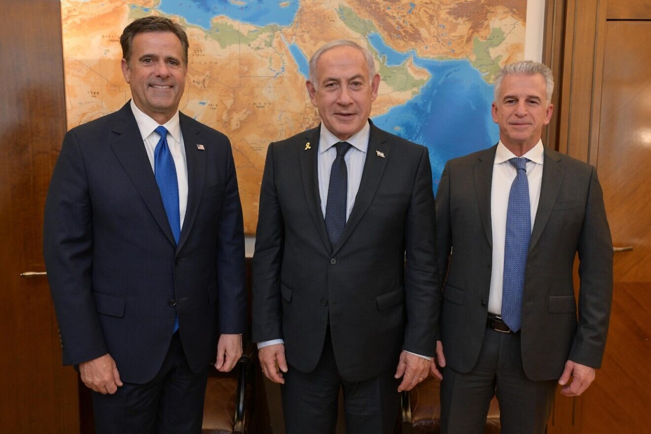 CIA Director John Ratcliffe, Israeli Prime Minister Benjamin Netanyahu and Mossad Director David Barnea at the Prime Minister's Office in Jerusalem, April 9, 2025. Photo by Ma'ayan Toaf/GPO.