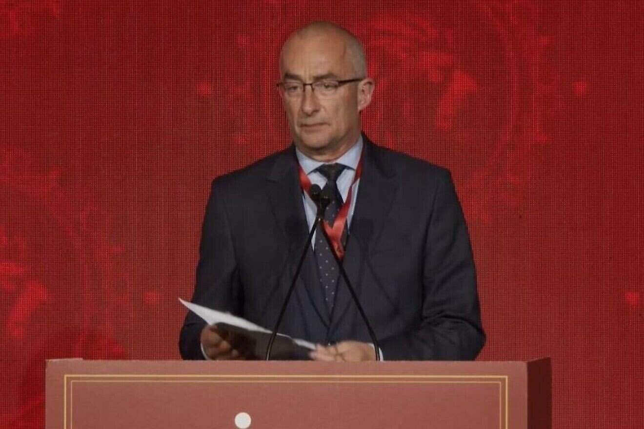 Hungary's State Secretary for Security Policy Péter Sztáray speaks at the JNS International Policy Summit in Jerusalem, April 27, 2025. Credit: Screenshot.