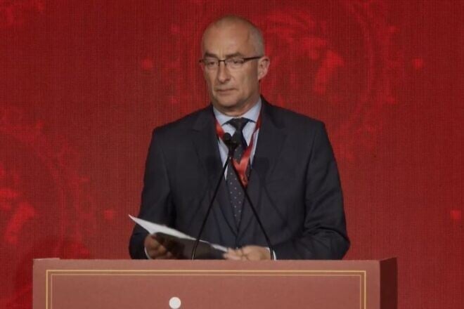 Hungary's State Secretary for Security Policy Péter Sztáray speaks at the JNS International Policy Summit in Jerusalem, April 27, 2025. Credit: Screenshot.