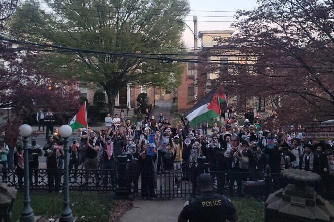 A protest outside the gates of Yale University on April 23, 2025. Credit: Courtesy of the Office of Itamar Ben-Gvir.