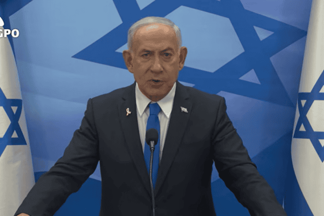 Israeli Prime Minister Benjamin Netanyahu delivering remarks on April 19, 2025. Source: YouTube Screenshot/@IsraeliPM.