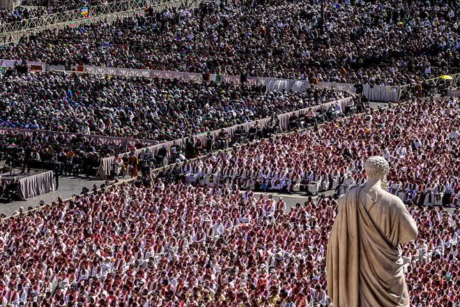 St. Peter's Square in Vatican City during the funeral of Pope Francis on April 26, 2025. Photo by Alessandra Benedetti/Corbis via Getty Images.