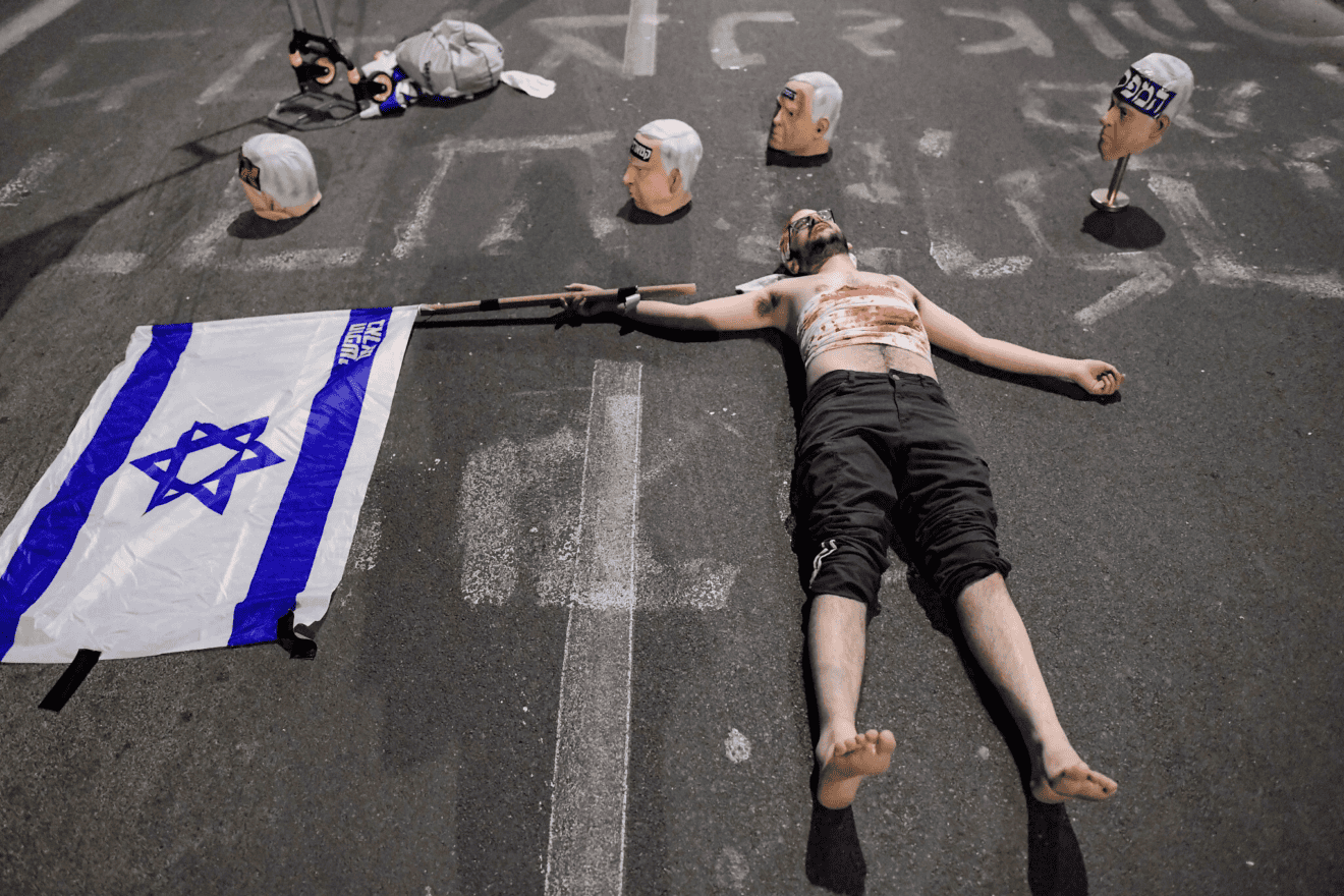 At a protest outside the Kirya military headquarters in Tel Aviv against the Israeli government and for the release of Israelis held hostage in the Gaza Strip, April 26, 2025. Photo by Tomer Neuberg/Flash90.
