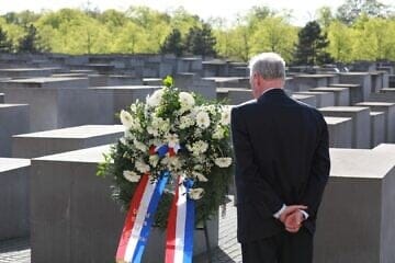 Sen. Tim Kaine (D-Va.) standing at the Memorial to the Murdered Jews of Europe in Berlin, April 2025. Credit: Courtesy of Kaine's Office.
