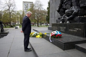 Sen. Tim Kaine (D-Va.) visiting the Monument to the Ghetto Heroes, located across from the POLIN Museum of the History of Polish Jews in Warsaw, April 2025. Credit: Courtesy of Kaine's Office.