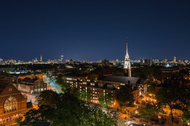 Harvard Yard, Memorial Hall and Cambridge Street at night, seen from the top floor of the Science Center in Cambridge, Mass., July 2017. Credit: Meihe Chen via Wikimedia Commons.