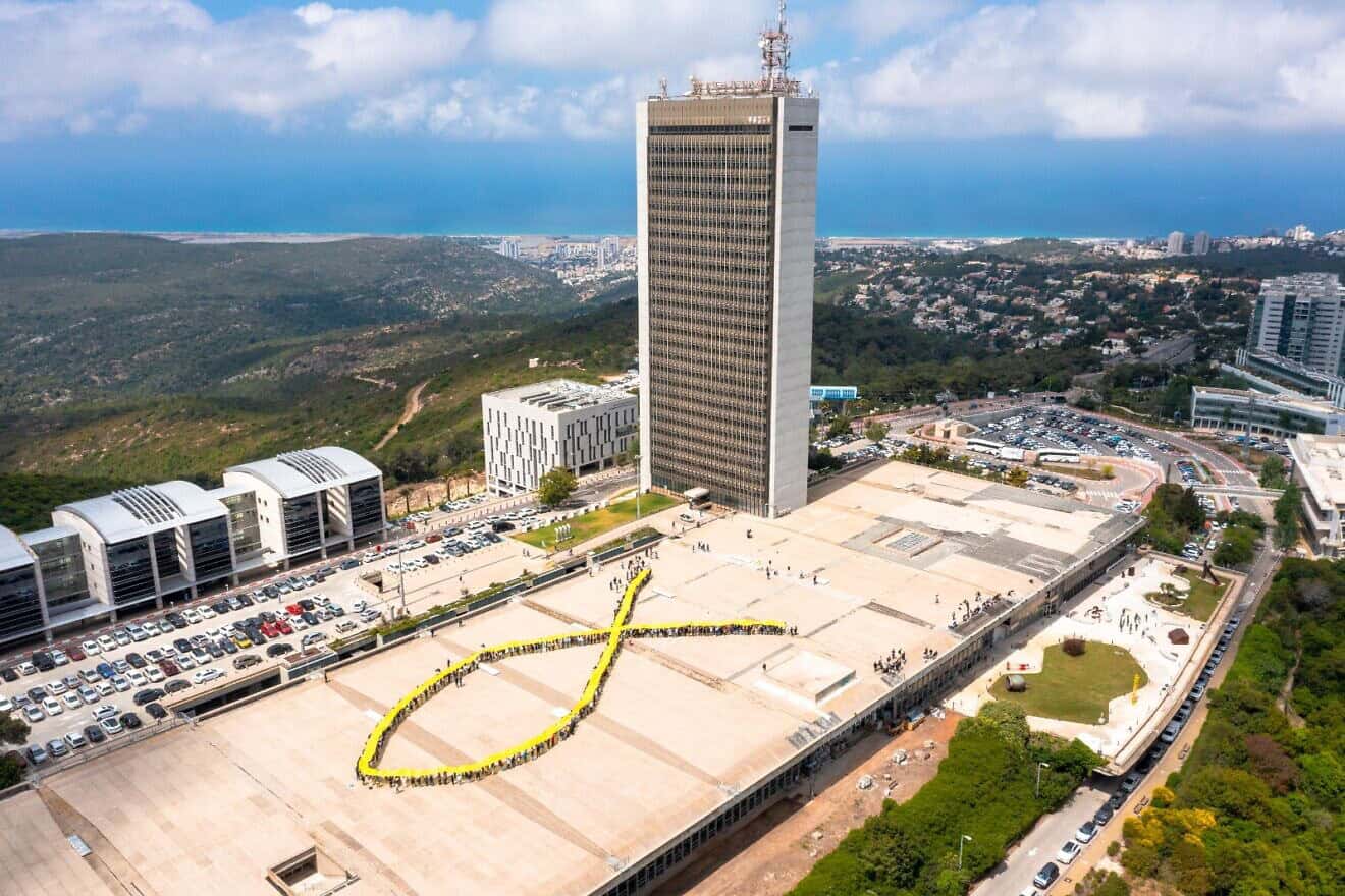 A view of University of Haifa's giant pin in solidarity with the 59 hostages still in Hamas captivity, April 2025. Credit: Courtesy of the University of Haifa.
