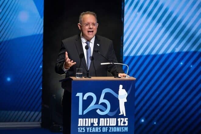 Yaakov Hagoel, chairman of the World Zionist Organization, delivers a speech in Basel, Switzerland, marking the 125th anniversary of the First Zionist Congress at the city's historic Stadtcasino, where journalist Theodor Herzl convened the first congress that paved the way towards establishing the modern-day State of Israel, Aug. 29, 2022. Photo by Fabrice Coffrini/AFP via Getty Images.