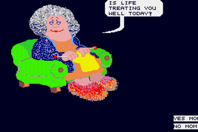 In “Mom and Me” by Yaakov Kirschen, the user responds to the “Mom” character by choosing to click one of several predefined choices. Conversations with Mom often involve some guilt and nagging. Credit: Courtesy.