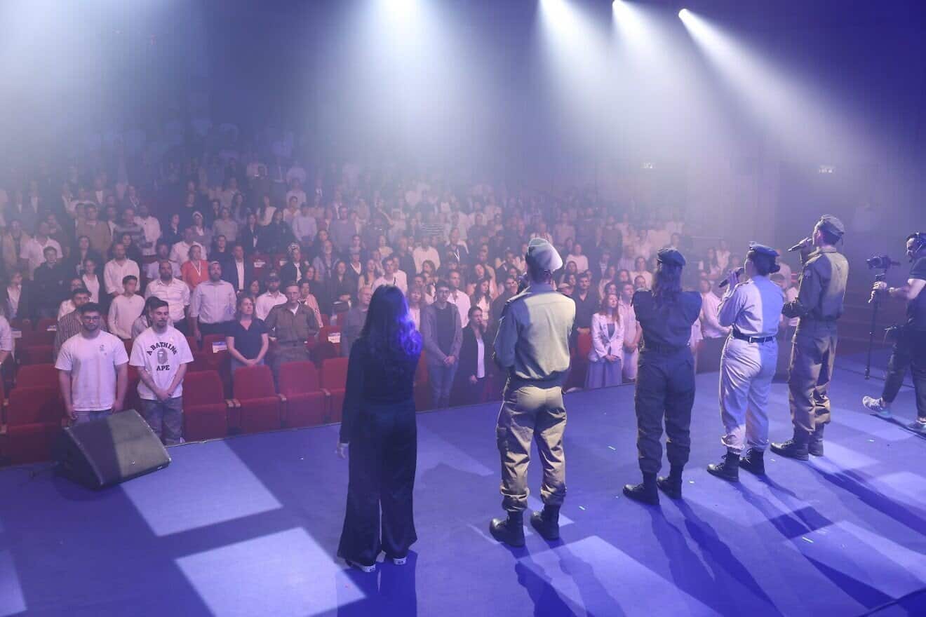 Lone Soldiers stand in formation during a memorial ceremony at the Jerusalem Theater honoring their fallen comrades on Israel’s Memorial Day, April 29, 2025. Photo courtesy of Noam Feiner.