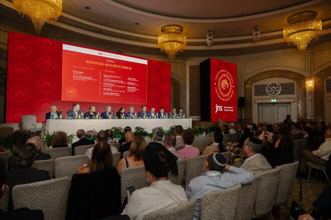 Sarit Zehavi (fifth from left) speaks at the JNS International Policy Summit in Jerusalem April 27, 2025. Photo by Shahar Yurman.