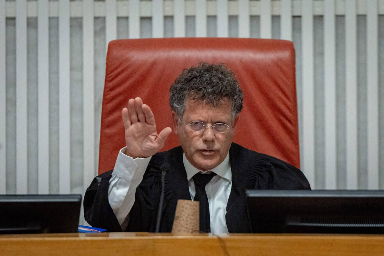 Justice Yitzhak Amit speaks at a court hearing on petitions against the firing of Shin Bet director Ronen Bar at the Israeli Supreme Court in Jerusalem, April 8, 2025. Photo by Yonatan Sindel/Flash90.