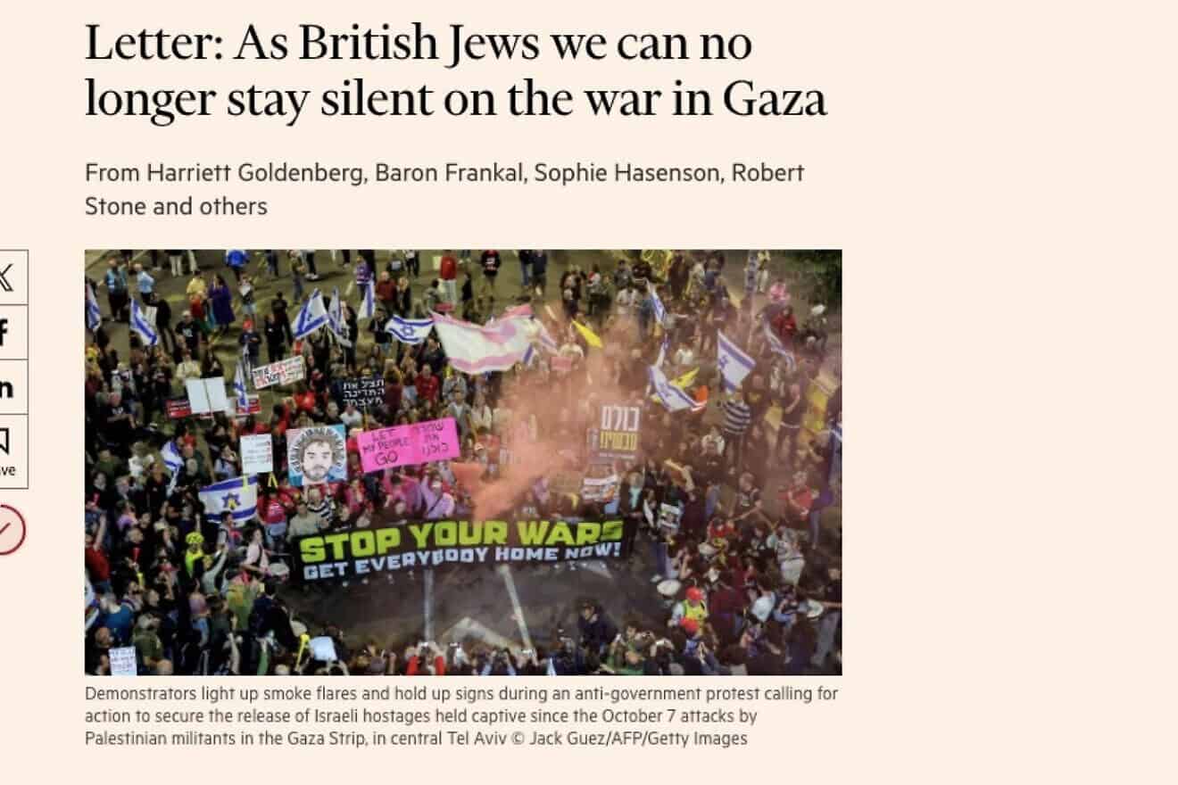 A screenshot of the open letter that 36 members of the Board of Deputies of British Jews published in The Financial Times on April 17, 2025.