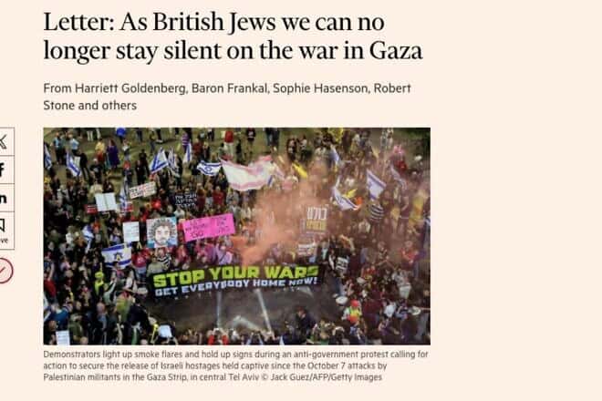 A screenshot of the open letter that 36 members of the Board of Deputies of British Jews published in The Financial Times on April 17, 2025.