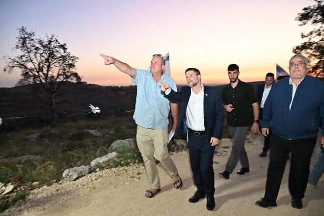 Israel’s Finance Minister Bezalel Smotrich is seen at the center-front of the picture while attending the inauguration ceremony of the Gvaot Forest Scenic Route (Derech Nof Gvaot) in Judea and Samaria on April 20, 2025. Credit: Meir Elipor.