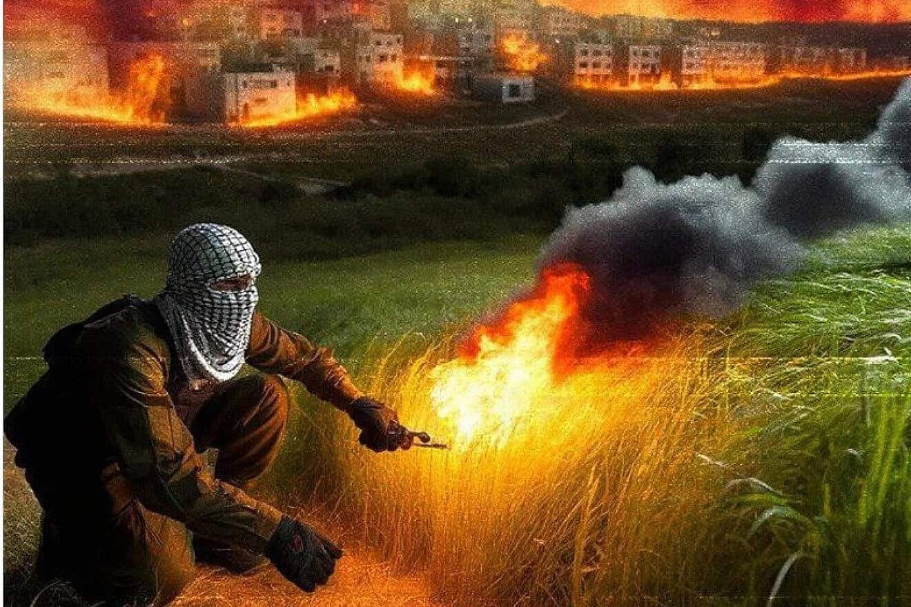 Part of banner circulated ahead of Israel's independence Day on April 30, 2025, shows a man wearing a man wearing a keffiyeh setting fire to fields near homes. Source: Screenshot.
