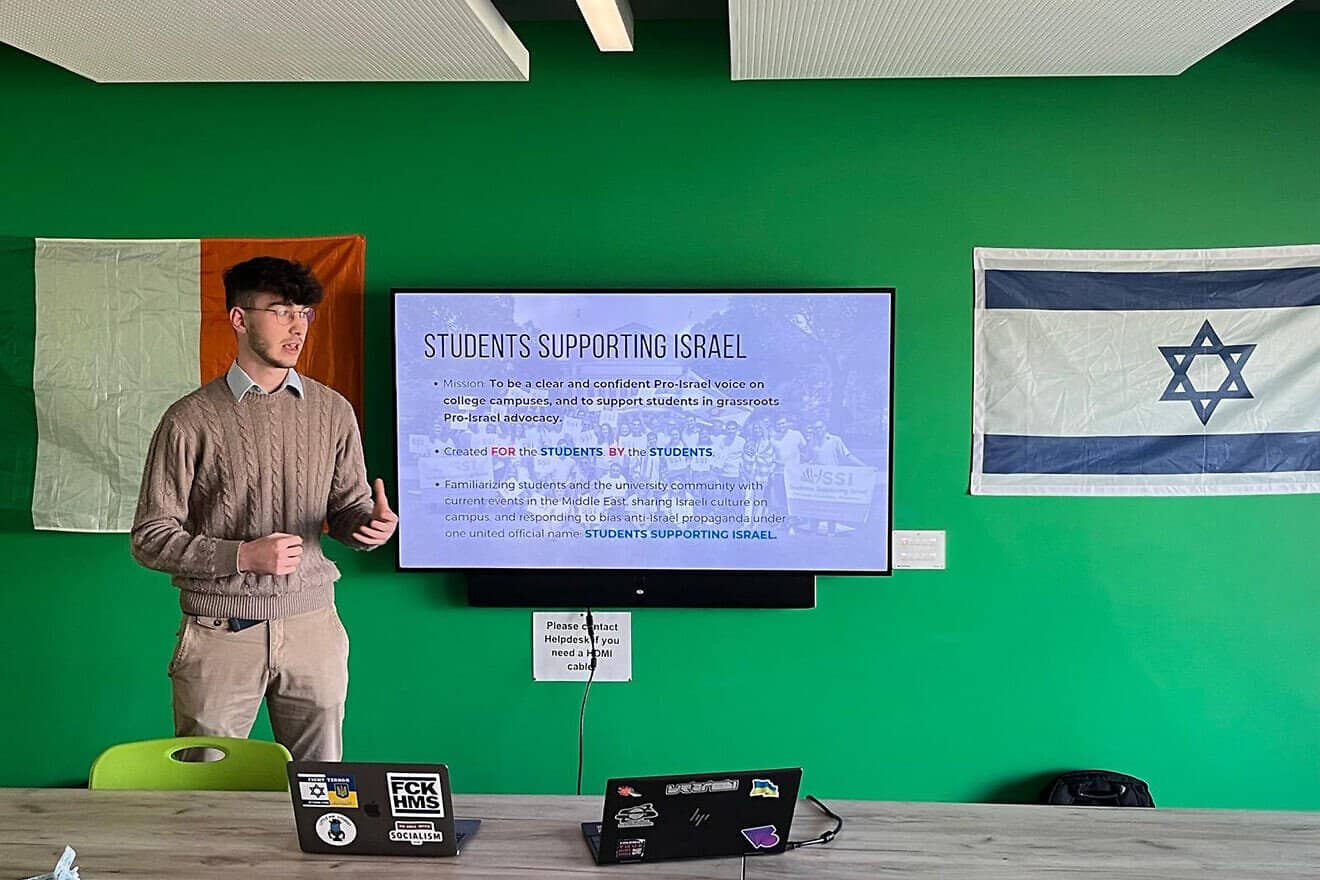 Jamie O'Mahony speaks to stuents about Israel at the Dublin City University in Dublin, Ireland in March 2025. Photo courtesy of O'Mahony.