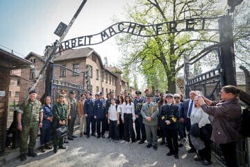 Military and law enforcement professionals at the March of the Living at the Auschwitz-Birkenau camp site in Poland on April 24, 2025. Photo by Shlomi Cohen/Flash90.