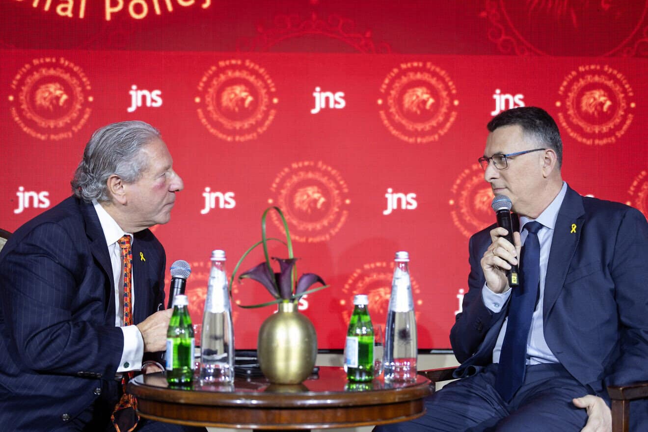 Israeli Foreign Minister Gideon Sa'ar (right) speaks at the JNS International Policy Summit in Jerusalem, Israel on April 27, 2025. Photo by Shahar Yurman.