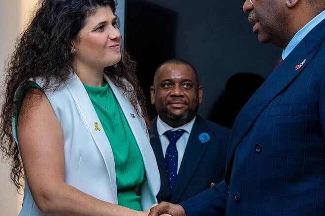 Israeli Deputy Foreign Minister Sharren Haskel meets with Deputy Prime Minister of Gabon Alexandre Barro Chambrier, April 3, 2025. Credit: Courtesy of the deputy foreign minister's office.