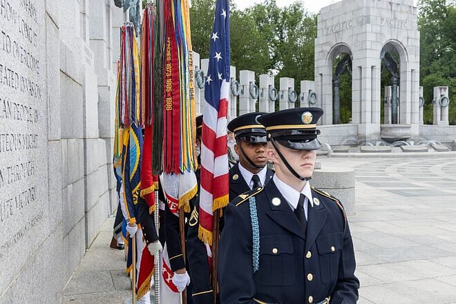 Ceremony commemorating the 80th anniversary of Victory in Europe Day at the World War II Memorial in Washington, D.C., on May 8, 2025. Credit: U.S. Army/Sgt. Justin Rachal via Wikimedia Commons.