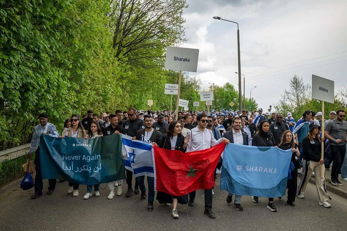 Participants from Sharaka, an NGO focused on people-to-people diplomacy, take part in the March of the Living in April 2025. Credit: Courtesy.