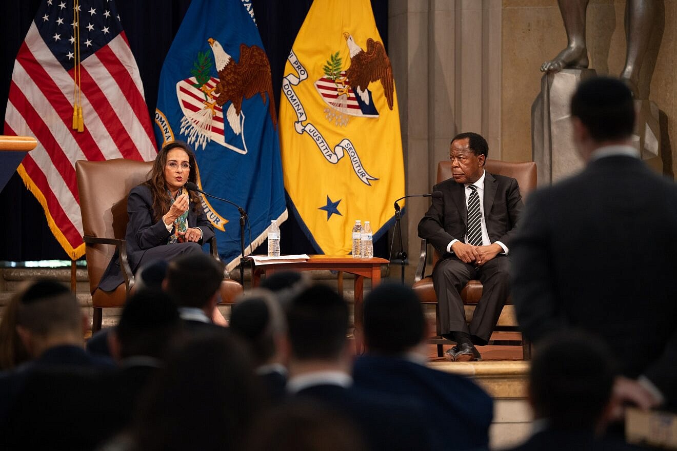 Harmeet Dhillon, U.S. assistant attorney general for civil rights, and Leo Terrell, chair of the federal Task Force to Combat Antisemitism, speak to a group from the Orthodox Union at the U.S. Justice Department, May 7, 2025. Credit: U.S. Justice Department.