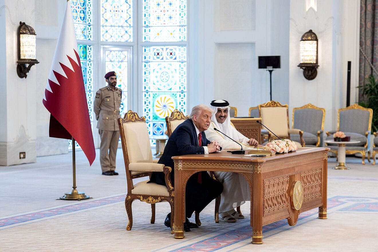 U.S. President Donald Trump participates in a signing ceremony and exchange of agreements with Emir of the State of Qatar Sheikh Tamim bin Hamad Al Thani, Amiri Diwan in Doha, Qatar, May 14, 2025. Credit: Daniel Torok/White House.