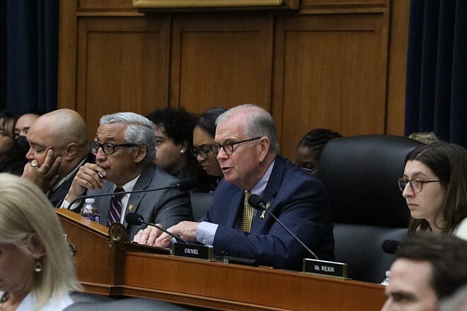 Rep. Tim Walberg (R-Mich.), chair of the House Education and Workforce Committee, at a hearing on Jew-hatred with the Haverford College, DePaul University and California Polytechnic State University presidents, May 7, 2025. Credit: Courtesy of the House Education and Workforce Committee.