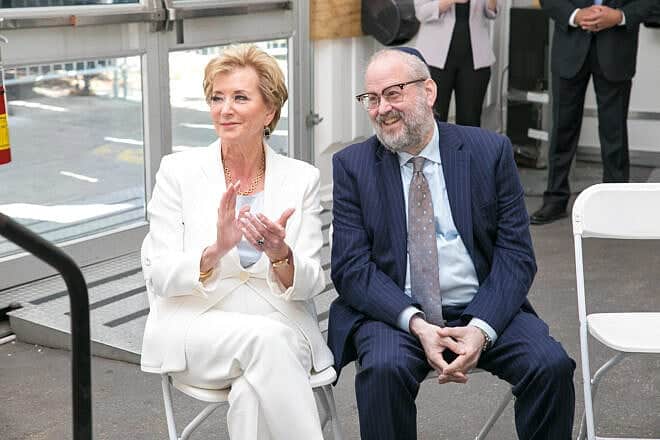 Rabbi Yehuda Kaploun and U.S. Secretary of Education Linda McMahon attend a visit to a Jewish school in Miami on March 25, 2025. Credit: Courtesy of the Lubavitch Educational Center in Miami.