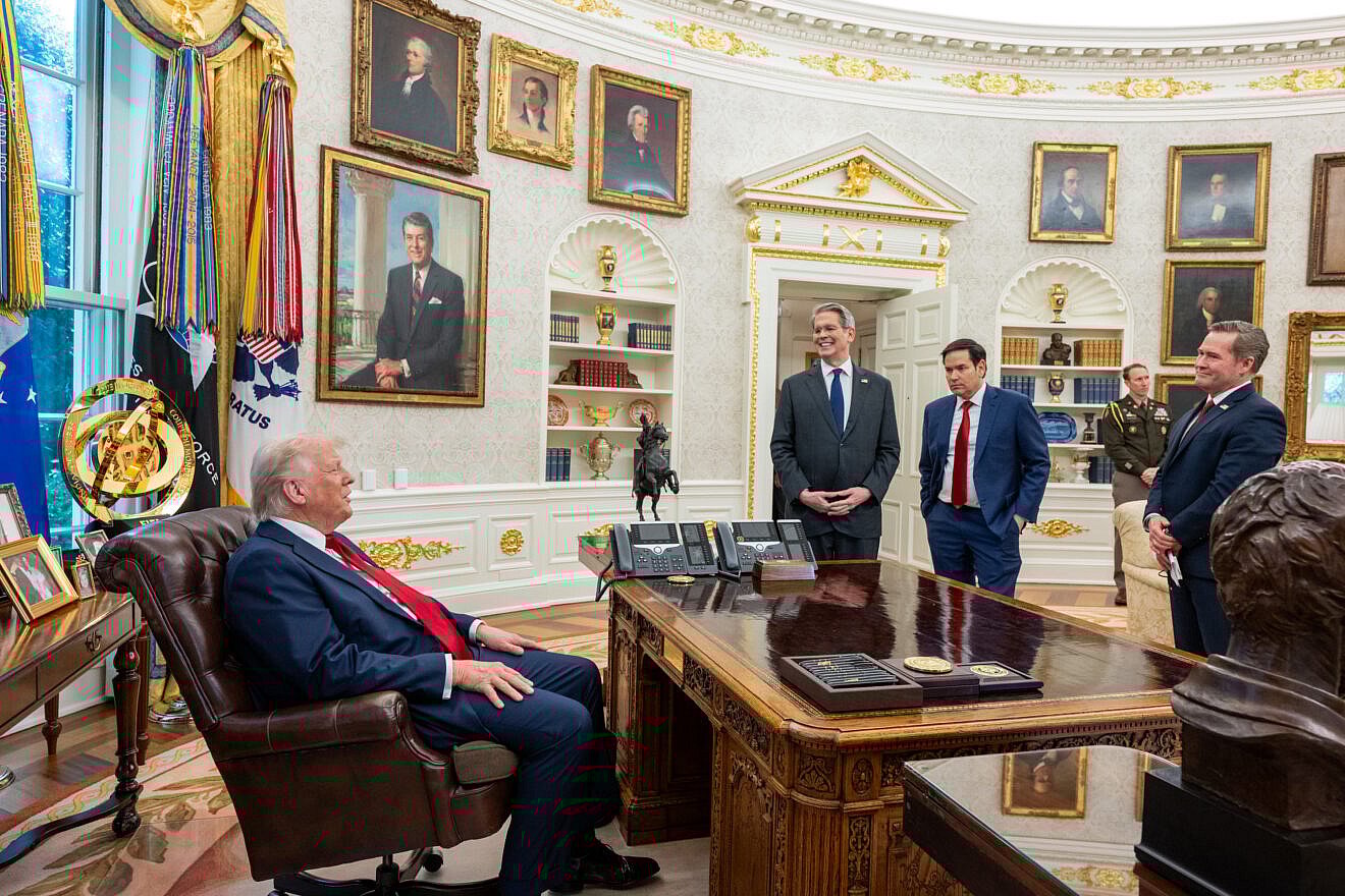 U.S. President Donald Trump speaks with, from left, Secretary of Commerce Scott Bessent, Secretary of State Marco Rubio and National Security Advisor Mike Waltz in the Oval Office, April 30, 2025. Photo by Molly Riley/White House.