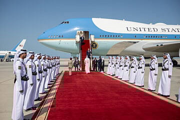 U.S. President Donald Trump greets Emir Sheikh Tamim bin Hamad Al Thani, Prime Minister Mohammed bin Abdulrahman bin Jassim bin Jaber Al Thani, Chief of the Amiri Diwan Abdullah bin Mohammed bin Mubarak Al Khulaifi and U.S. Ambassador Timmy Davis at Hamad International Airport in Doha, Qatar, May 14, 2025. Credit: Daniel Torok/White House.