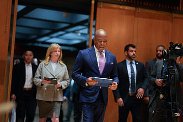 New York City Mayor Eric Adams and New York City Police Department Commissioner Jessica Tisch discuss security ahead of the Israel Day on Fifth parade at One Police Plaza, May 16., 2025. Credit: Michael Appleton/Mayoral Photography Office.