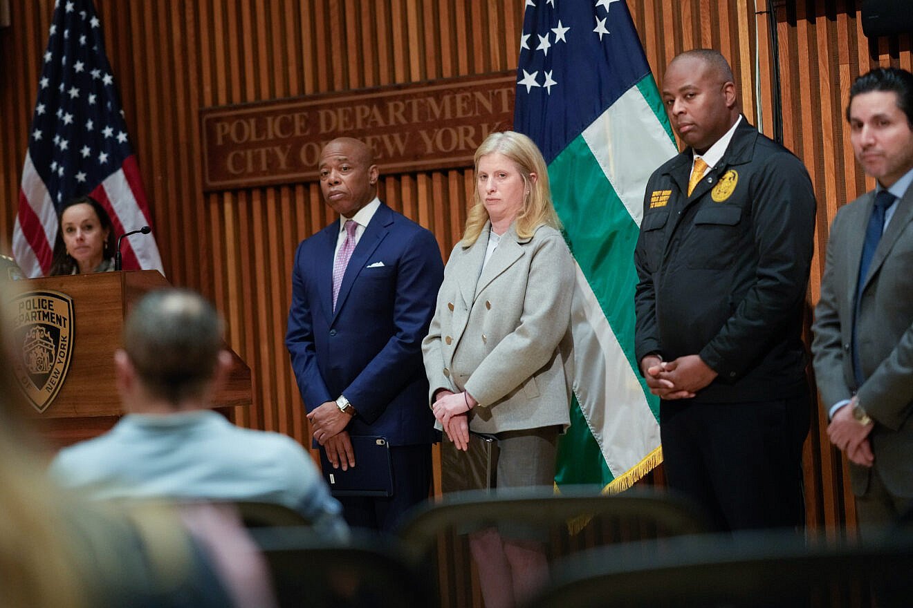 New York City Mayor Eric Adams and New York City Police Department Commissioner Jessica Tisch discuss security ahead of the Israel Day on Fifth parade at One Police Plaza, May 16., 2025. Credit: Michael Appleton/Mayoral Photography Office.