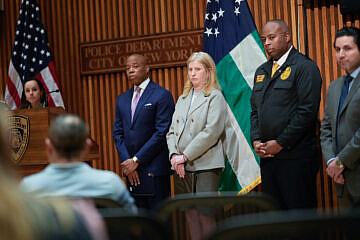 New York City Mayor Eric Adams and New York City Police Department Commissioner Jessica Tisch discuss security ahead of the Israel Day on Fifth parade at One Police Plaza, May 16., 2025. Credit: Michael Appleton/Mayoral Photography Office.