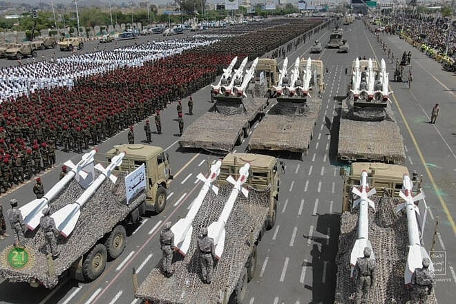 A military parade in Sanaa as the Houthi marked the eighth anniversary of their seizure of the Yemeni capital. Sept. 21, 2022. Photo by Al-Houthi Group Media Office/AFP via Getty Images.