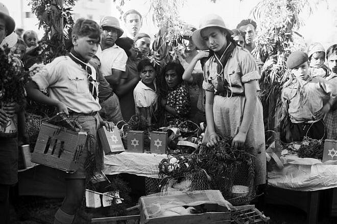 A kindergarten “bikkurim” sale in Jerusalem, 1935. Photo by Avraham Melavski, KKL-JNF Archive.