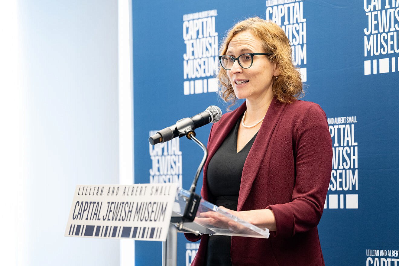 Beatrice Gurwitz, executive director of the Capital Jewish Museum, delivers remarks at the reopening of the museum, Washington, May 29, 2025. Credit: Jim Bourg/Capital Jewish Museum.